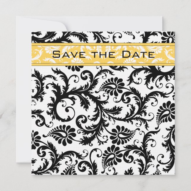 Convite Daffodil Amarelo & Preto Damask Save the Date (Frente)