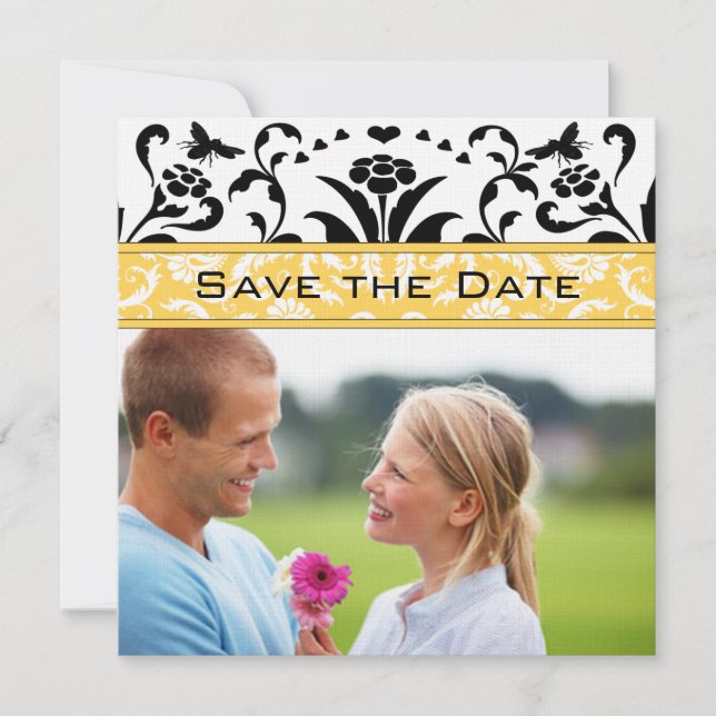Convite Daffodil Black Bubble Bee Damask Save Date (Daffod (Frente)