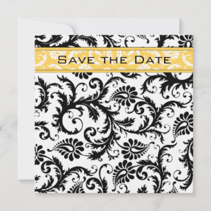 Convite Daffodil Yellow & Black Damask Save Date (Daffodil