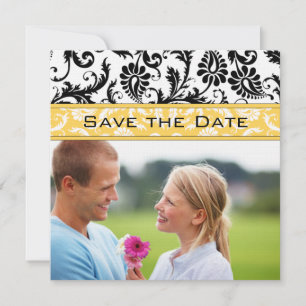 Convite Daffodil Yellow & Black Damask Save Date (Daffodil