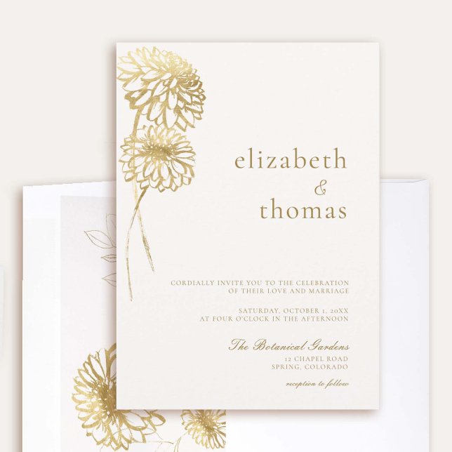 Convite Dahlia Art Sketch Faux Dourado Casamento outono Mo (elegant fall wedding invitation dahlia faux gold gilded  floral sketch modern formal casual stylish)