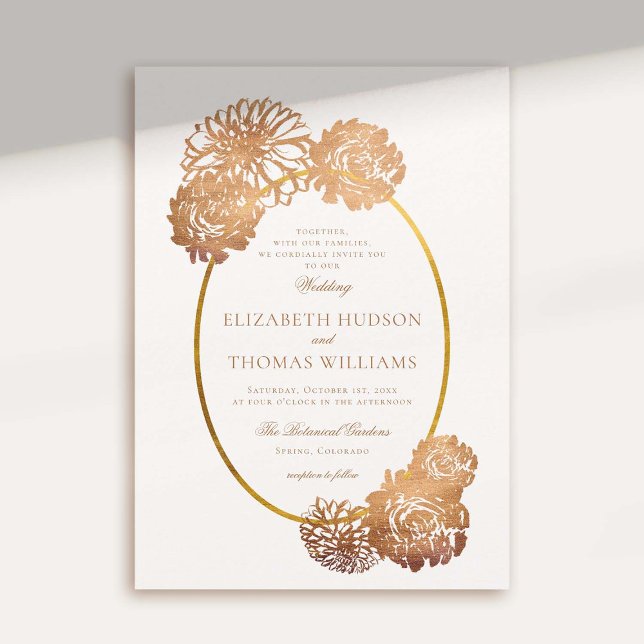 Convite Dahlia Floral Art Sketch Copper Dourado Casamento  (elegant fall wedding invitation dahlia faux gold gilded copper floral frame art sketch modern)