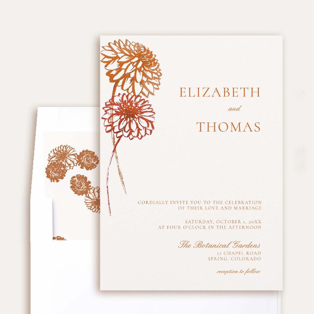 Convite Dahlia Floral Art Sketch Earth Modern Casamento ou (elegant fall wedding invitation dahlia earth bright terracotta burnt orange floral sketch modern)
