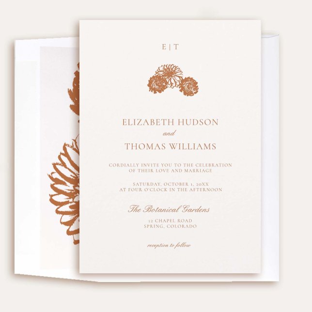 Convite Dahlia Floral Sketch Monogramas Casamento outono f (elegant fall wedding invitation dahlia earth terracotta burnt orange floral sketch formal modern)