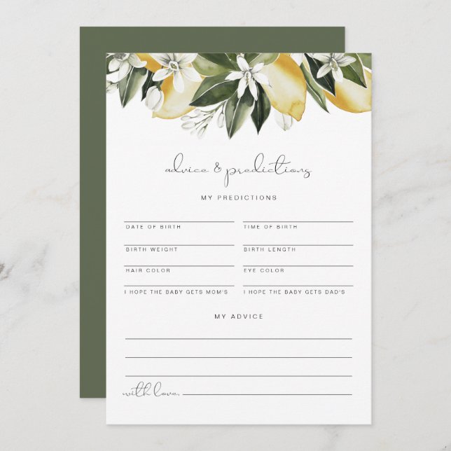 Convite DAHLIA Lemon Baby Advice and Predictions Card (Frente/Verso)