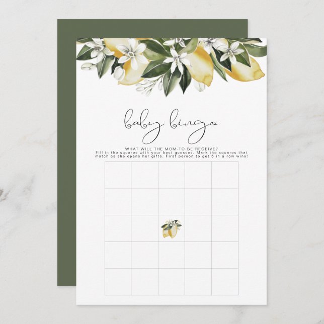 Convite DAHLIA Lemon Citrus Fruta Chá de fraldas Bingo Gam (Frente/Verso)