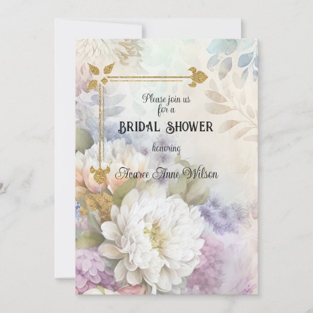 Convite Dahlias brancas com acentos roxos e azuis (Frente)