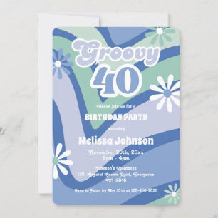 Convite Daisies de Ondas Retro Groovy 40th Blue Birthday