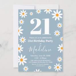 Convite Daisies Dusty blue Birthday Party Invitation