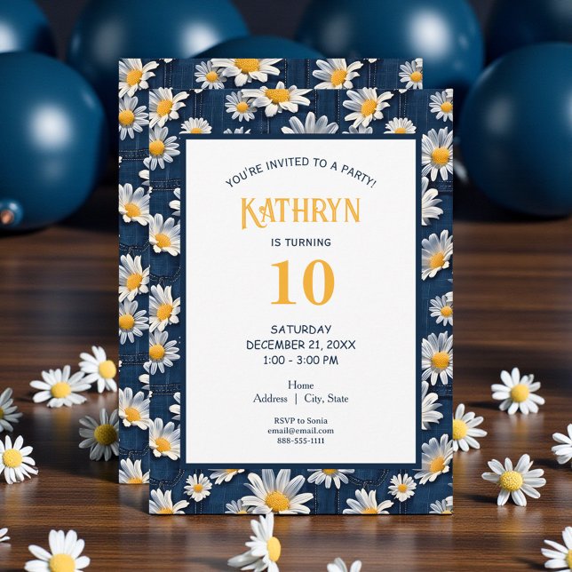 Convite Daisies on Blue Denim Birthday Party (Criador carregado)