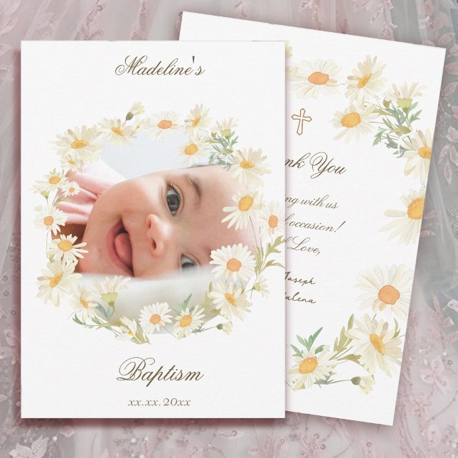 Convite daisies wreath Baptism small thank you card  (Criador carregado)