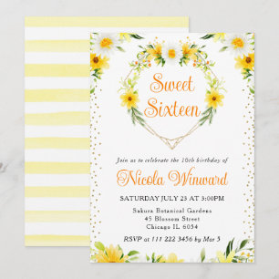Convite Daisies & Yellow Flowers Heart Wreath Sweet 16