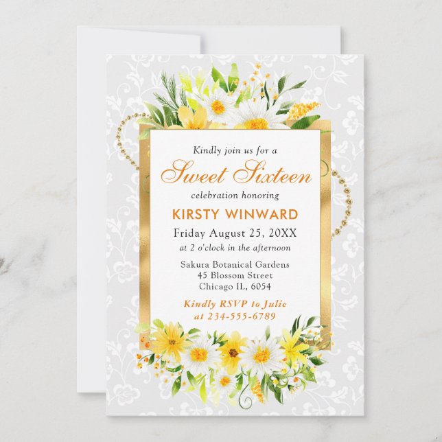 Convite Daisies & Yellow Summer Flowers Gold Foil Sweet 16 (Frente)