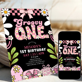 Convite Daisy 1st Birthday Pink and Black Retro Birthday