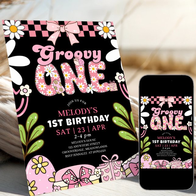 Convite Daisy 1st Birthday Pink and Black Retro Birthday  (Criador carregado)