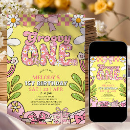 Convite Daisy 1st Birthday Pink and Yellow Retro Birthday