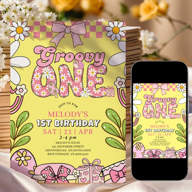 Convite Daisy 1st Birthday Pink and Yellow Retro Birthday  (Criador carregado)