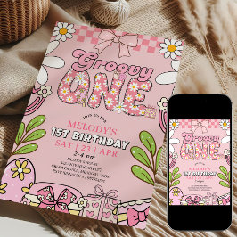Convite Daisy 1st Birthday Pink Retro Birthday