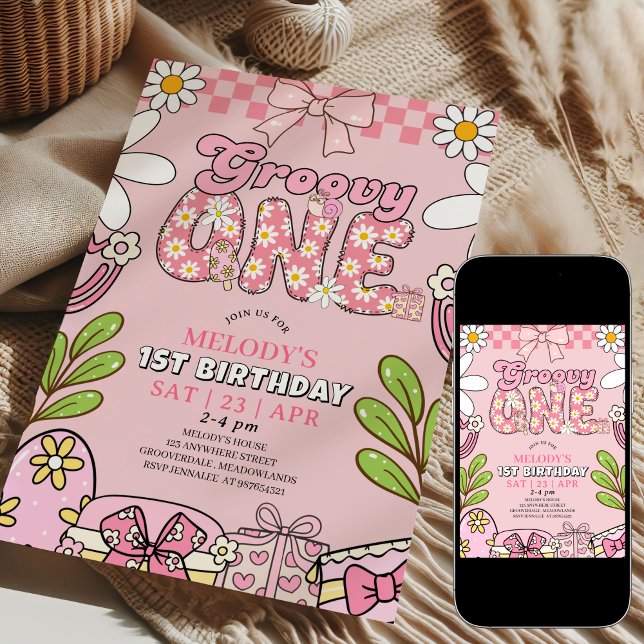 Convite Daisy 1st Birthday Pink Retro Birthday  (Criador carregado)