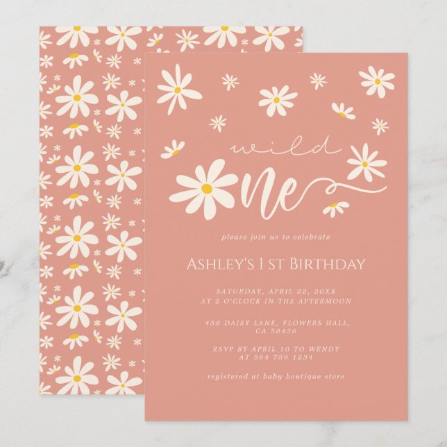 Convite Daisy Boho Wild One primeiro aniversario Peach (Frente/Verso)