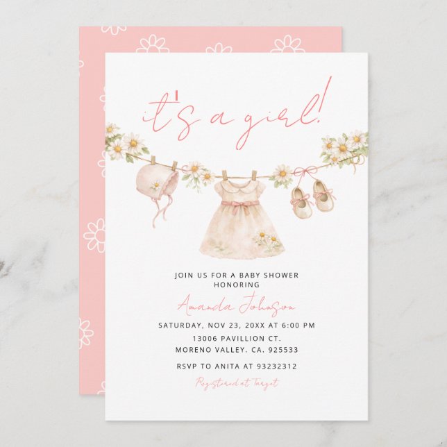 Convite Daisy Clothesline Baby Girl Shower Invite (Frente/Verso)
