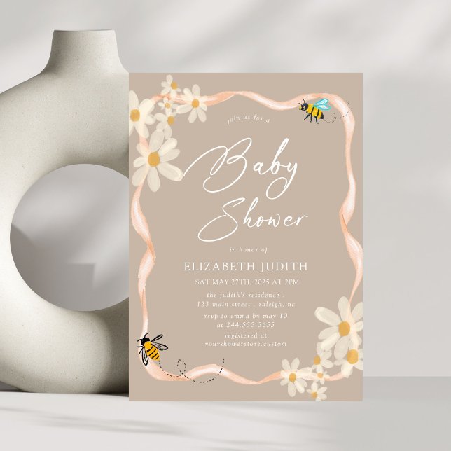 Convite Daisy e Bees Chá de fraldas castanho-palha (Criador carregado)