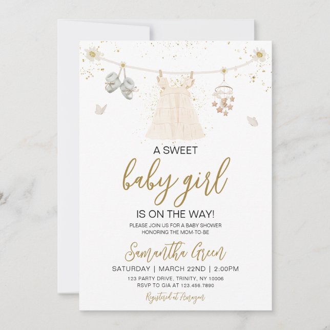 Convite Daisy, é um Chá de fraldas de roupas para bebês (Frente)