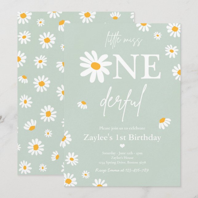 Convite Daisy Festa de aniversário Bohmian Little Miss One (Frente/Verso)