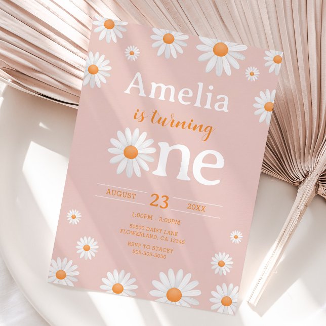 Convite Daisy First Birthday Invitation, Boho Pink Floral (Daisy Flower First Birthday Invitation)
