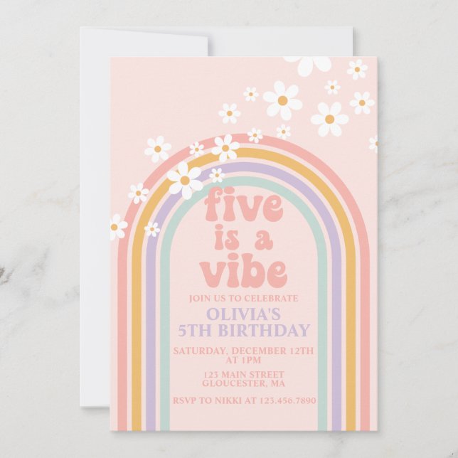 Convite Daisy Five é um Vibe Pastel arco-íris de 5º aniver (Frente)