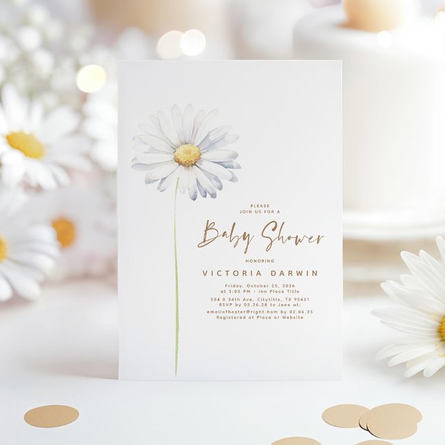 Convite Daisy Floral Chá de fraldas Editável Cor de Fundo (Daisy Wildflower Baby Shower Invitation)
