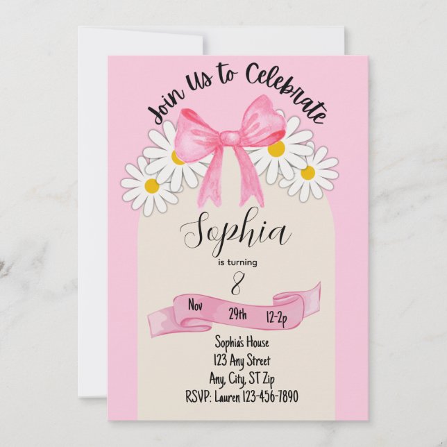 Convite Daisy Flower and Bow Birthday Invitation (Frente)