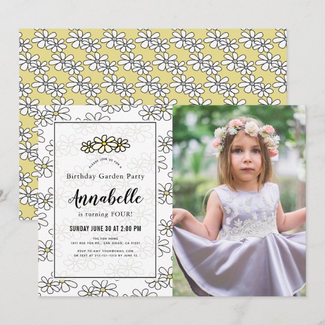 Convite Daisy Garden Party White Photo Birthday (Frente/Verso)