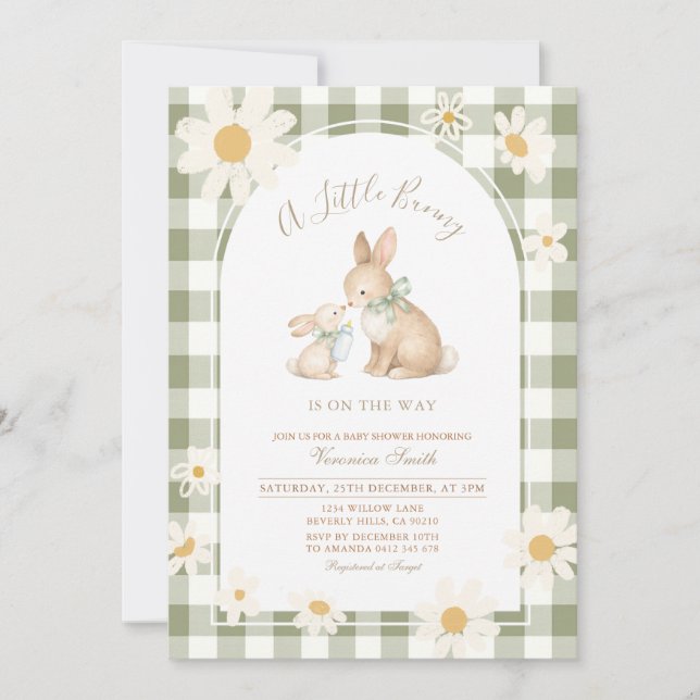 Convite  Daisy gingham Bunny Baby Shower Invitation (Frente)