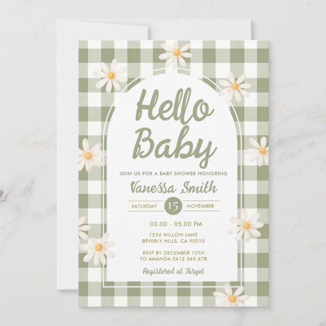 Convite Daisy Gingham Hello Baby Shower Invitation (Frente)
