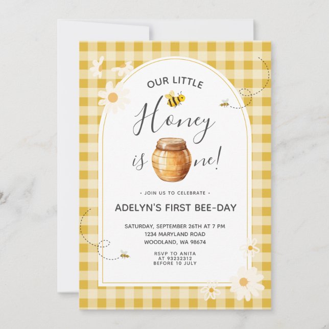 Convite Daisy Gingham Honey Bee primeiro aniversario Invit (Frente)