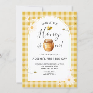 Convite Daisy Gingham Honey Bee primeiro aniversario Invit