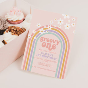 Convite Daisy Groovy Um Primeiro aniversário arco-íris pas