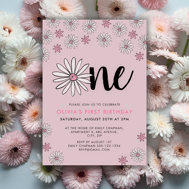 Convite Daisy One Floral primeiro aniversario (Girls First Birthday Invitation pink and white floral daisy design)