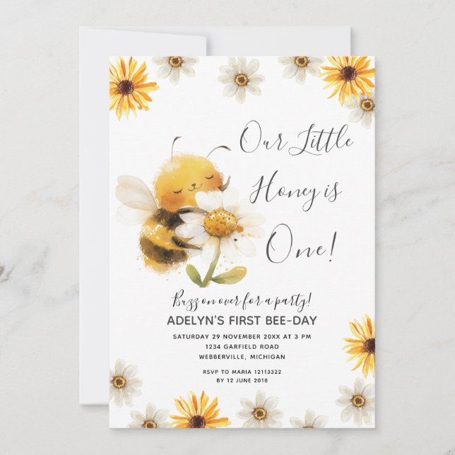Convite Daisy Our Honey Bee primeiro aniversario Girassóis (Frente)