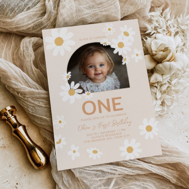 Convite Daisy Photo First Birthday Invite (Criador carregado)