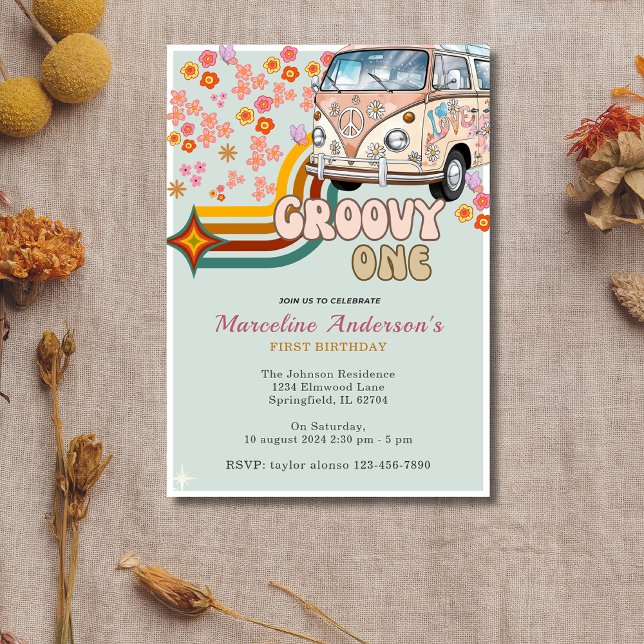 Convite Daisy & Retro Van Floral Groovy Um primeiro aniver (Criador carregado)