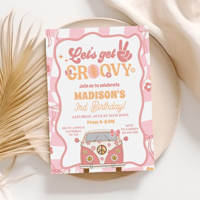 Convite Daisy & Retro Van Pastel Groovy aniversário de 3 a (Criador carregado)
