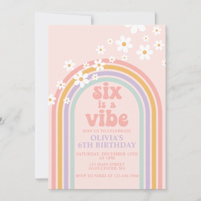 Convite Daisy Six é um Vibe Pastel arco-íris de 6º anivers (Frente)