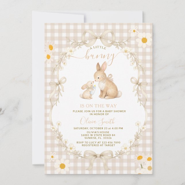 Convite Daisy Spring Neutral Gingham Bunny Baby Shower (Frente)