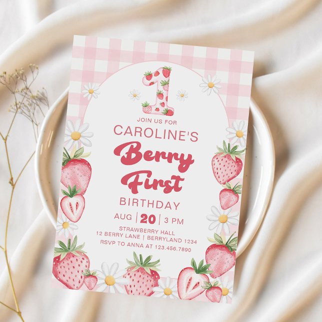 Convite Daisy Strawberry Berry First primeiro aniversario (Criador carregado)