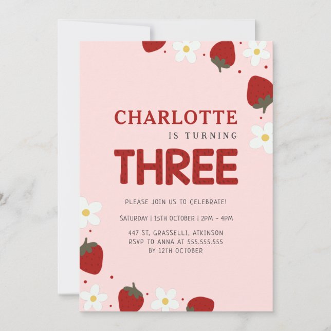 Convite Daisy Strawberry Pink 3º Aniversário do Verão (Frente)