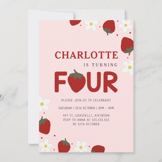 Convite Daisy Strawberry Pink 4th Summer Birday (Frente)