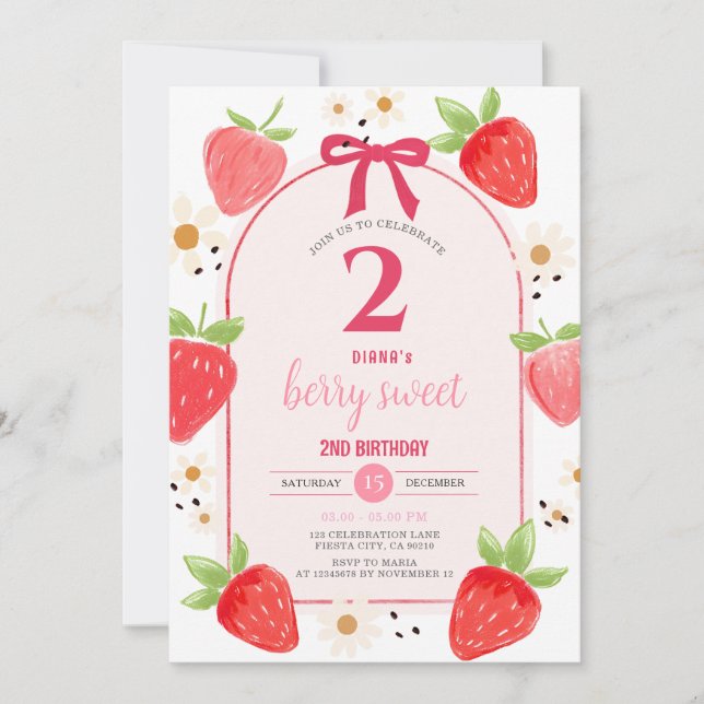 Convite Daisy Strawberry Second Birthday Party Invite (Frente)