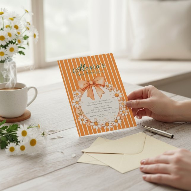 Convite Daisy Wreath Orange Stripe Birthday invitation (Criador carregado)